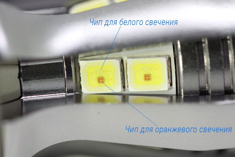 Увеличенное изображение светодиода с двумя чипами